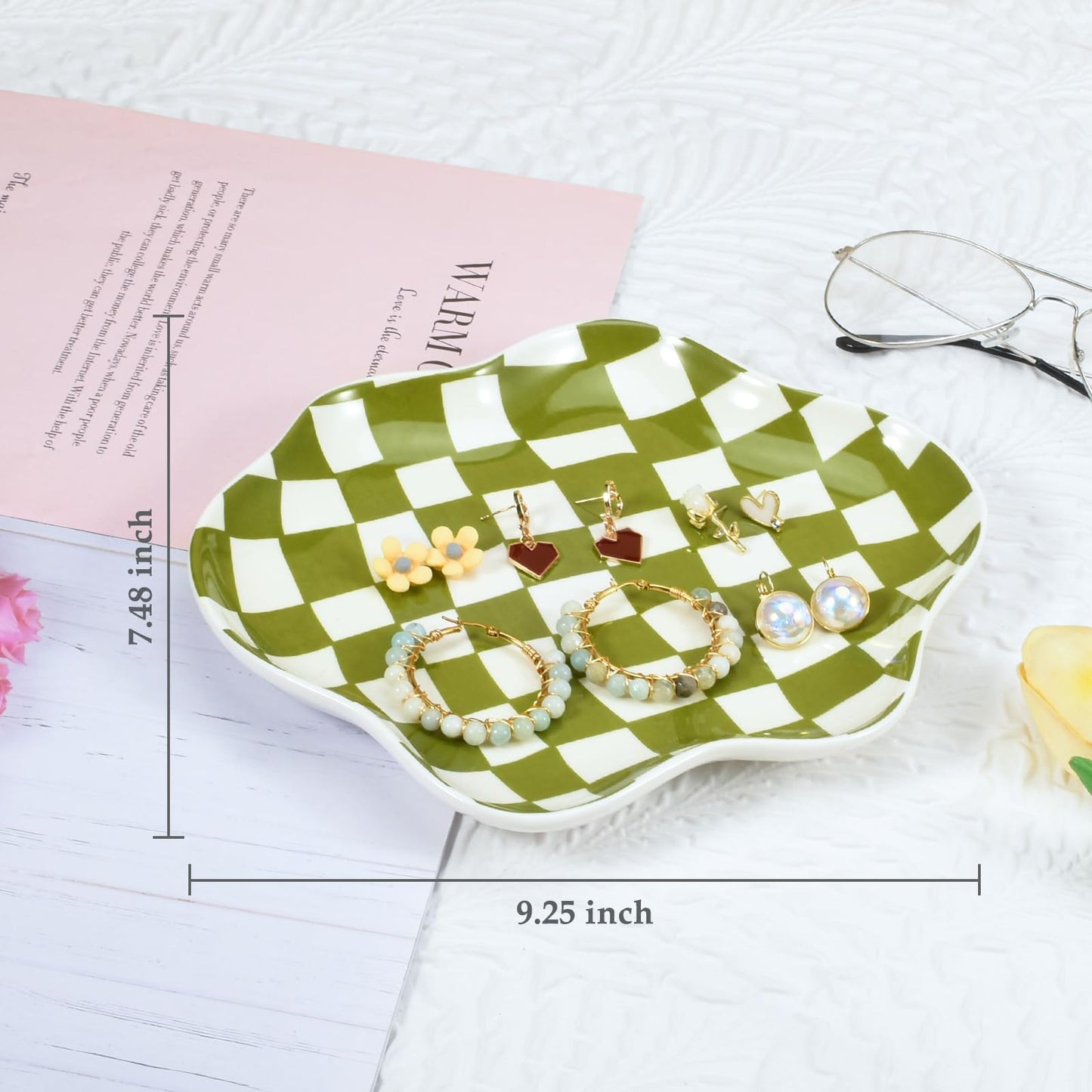 Koythin Jewelry Tray, Ceramic Jewelry Dish Trinket Tray Organizer, Checkered Pattern Aesthetic Decorative for Kitchen, Bathroom (Green Plaid)