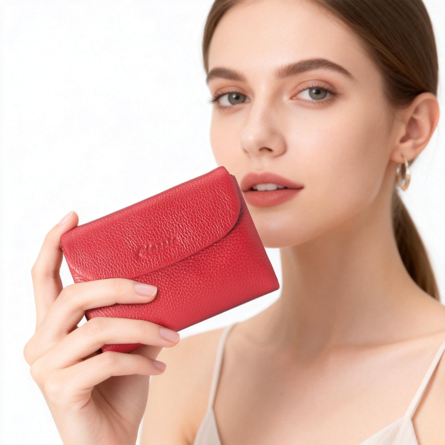 DAMAIKE Wallet for Women [Genuine Leather] [Magnetic Closure], Large Capacity Female Ladies Bifold Wallet Card Holder, ID Window, Zipper Coin Pockets (Red)