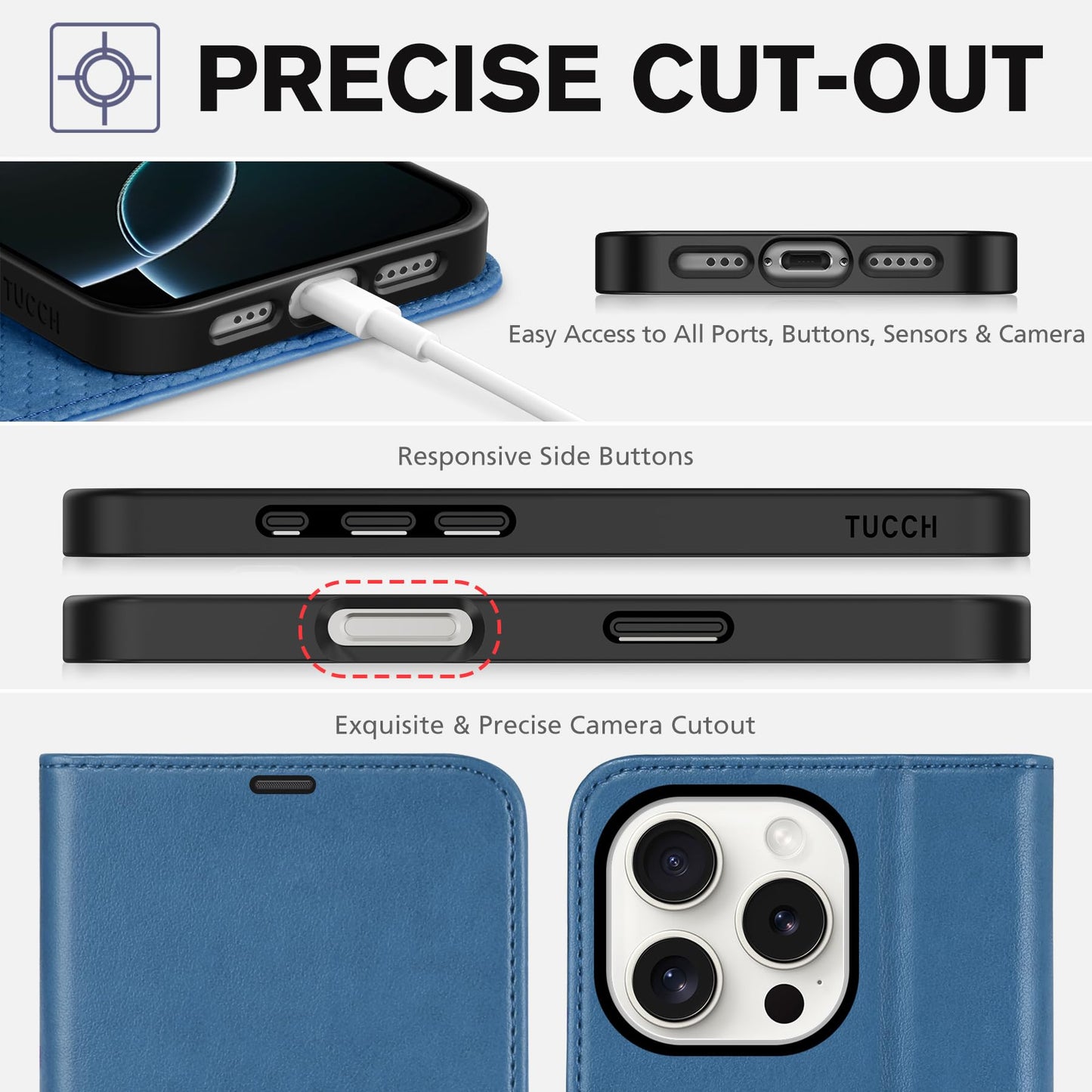 TUCCH Wallet Case for iPhone 16 Pro, Magnetic PU Leather Stand Flip Cover with 4 Card Slots [TPU Shockproof Interior Case] [RFID Blocking] Folio Compatible with iPhone 16 Pro 5G, Light Blue