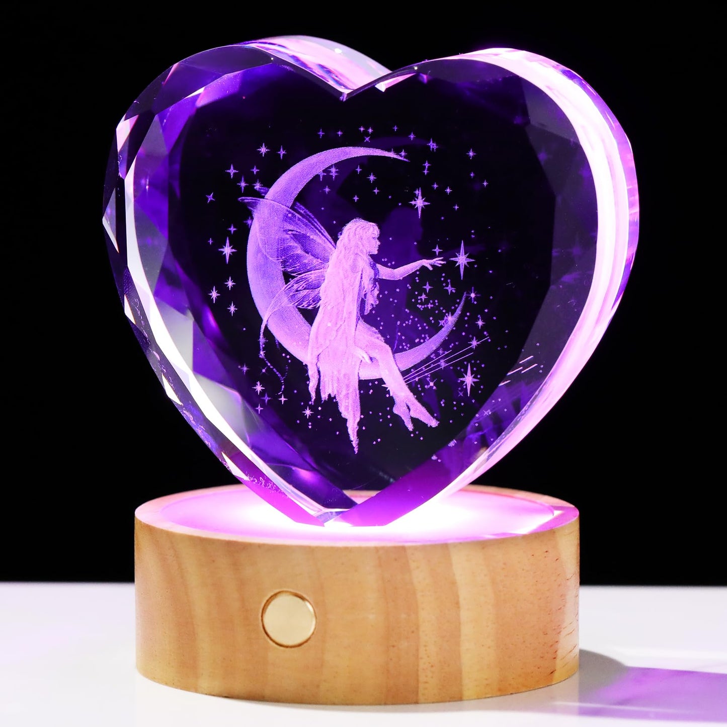 Arikyrist 3D Moon Fairy Figurines Crystal Heart for Women with Wooden Light Base - Glass Statue Witchy Gift for Girls Fairy Lovers Women Collectible Tinkerbell Night Light Home Decor