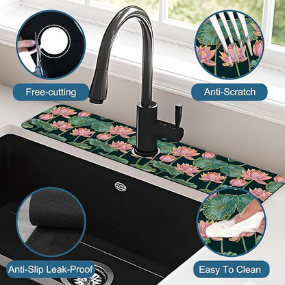 Lotus Pond Pattern Kitchen Sink Splash Guard Faucet Mat Lotus Flowers Leaves