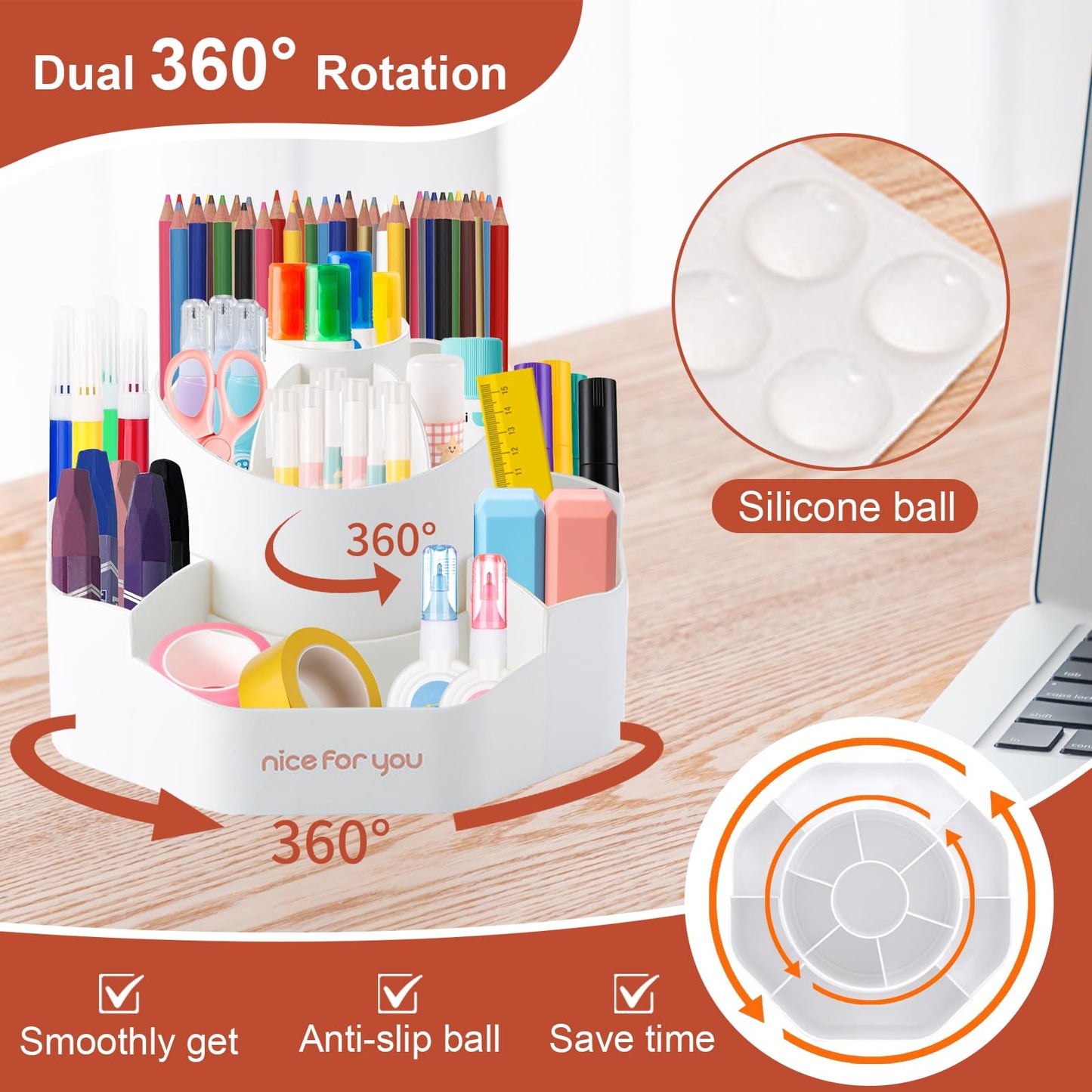 UGWKivd Rotating Desk Pen Organizer, 13 Storage Slots, Large Capacity Pen & Marker Holder, Multifunctional Desktop Organizer for Stationery, Cosmetics, and Kitchen (White)
