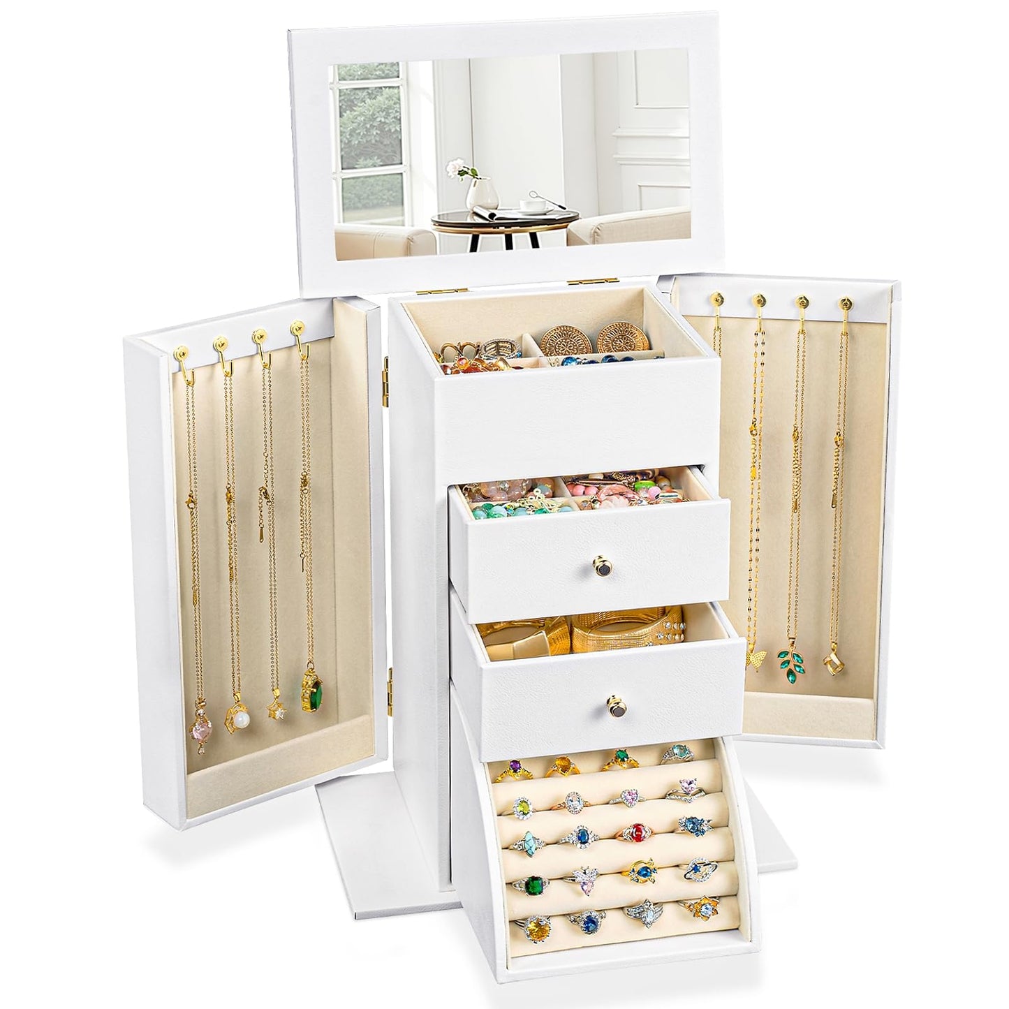 Emfogo Synthetic Leather Jewelry Box Organizer, Large Jewelry Boxes Storage with Mirror Velvet Interior, 4 Tier Jewlery Organizers for Women Girls Dedicated Slots for Ring Necklace (White)