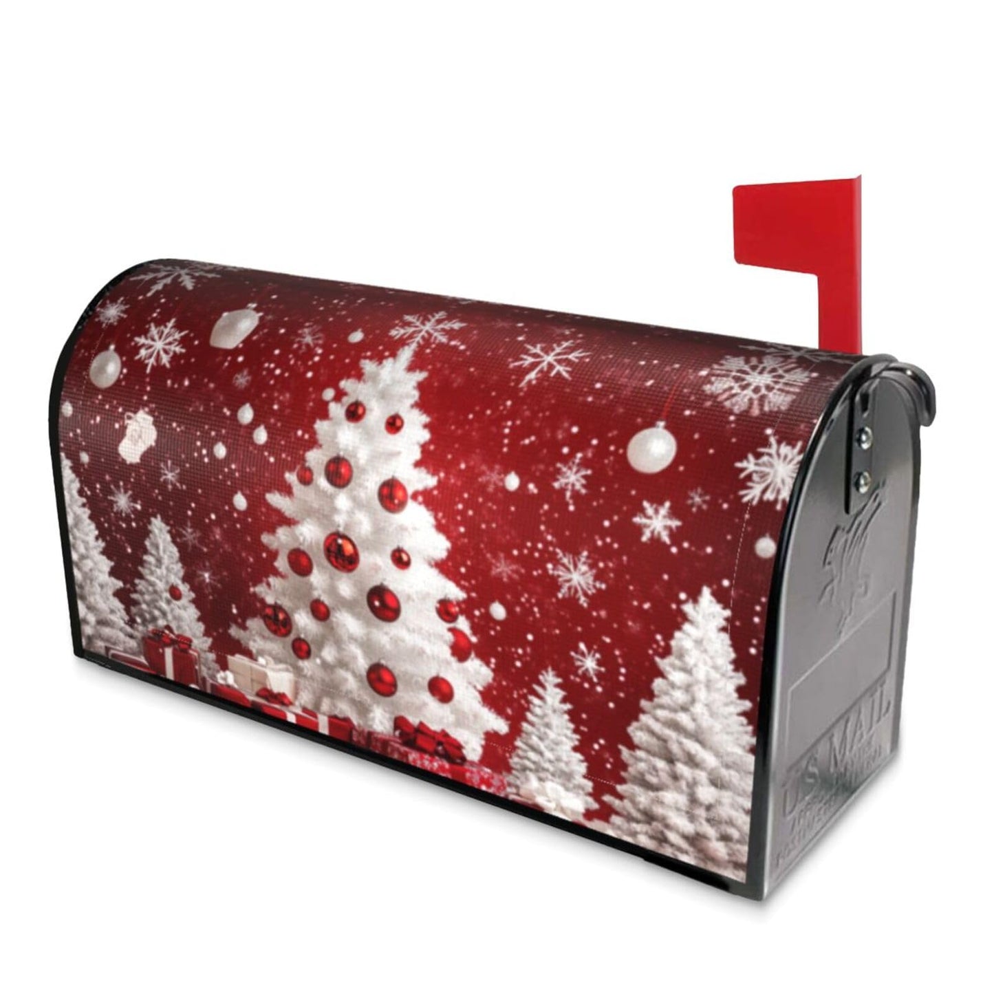 Festive Magnetic Mailbox Cover Red Christmas Tree Pattern Outdoor Mailbox Protector Holiday Seasonal Decorative Garden Yard Home Large Size 25.5 x 21 Inch