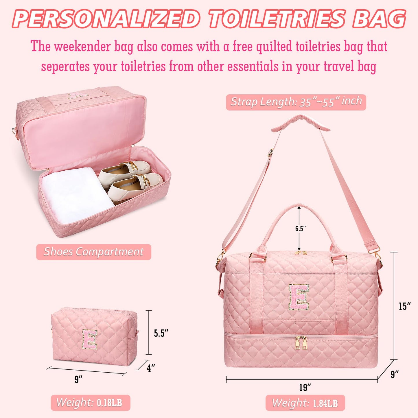 CLOUDWINGS Gifts for Women Girls Initial Travel Duffle Bag Quilted Weekender Carry-On Overnight with Cosmetic Bag, Gym Bag with Shoe Compartment Hospital Bag for Labor Delivery, Pink E