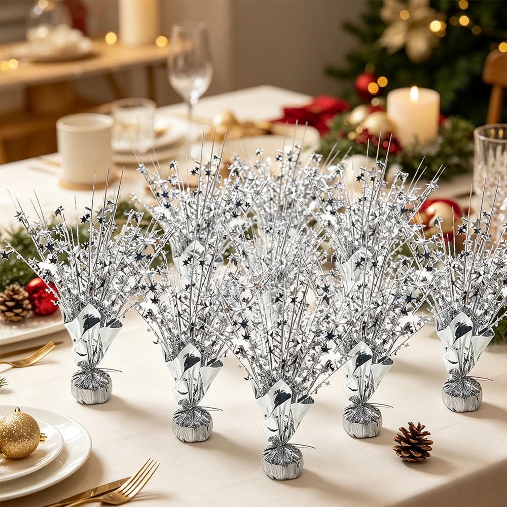 Silver Star Spray Table Centerpieces, 6 Pack Sparkly Silver Starburst Table Toppers, Foil Star Party Decorations for Birthday Graduation 4th of July Wedding New Year Table Decor