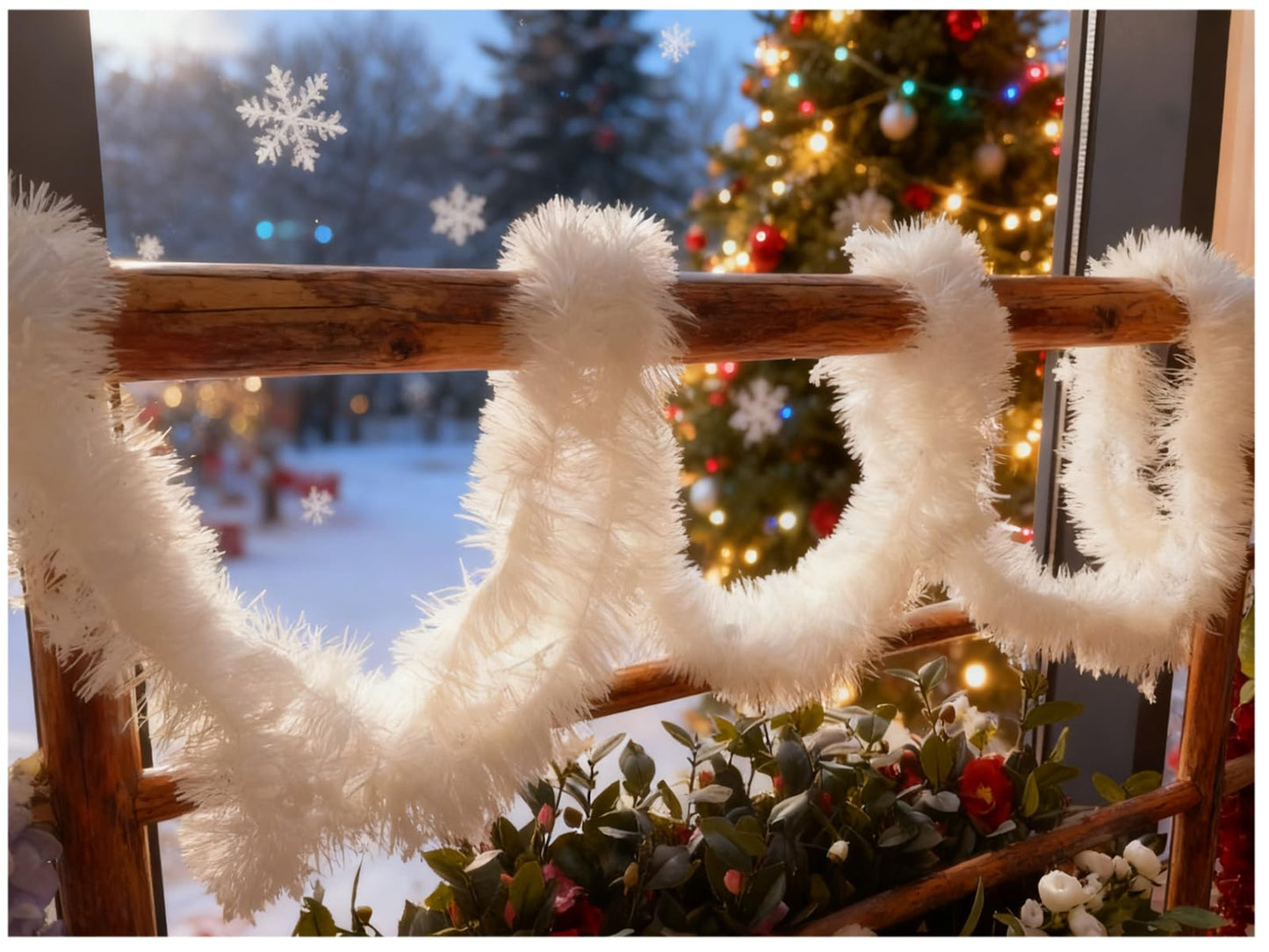 LKBBC Christmas Tinsel Garland with Light, 50 FT Metallic Tinsel Twist Garland Shiny Hanging Decor for Home Window Fireplace Indoor Outdoor, Xmas Ornaments Christmas Tree Decoration,White