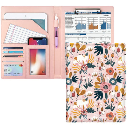 WAVEYU Portfolio Case for Women, Cute Floral Padfolio Cover for Girls, Conference/Resume/Legal Document Organizer with Letter/A4 Size Clipboard Hardboard, Business Card Holders, Pink Flower