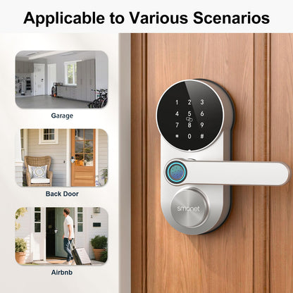 Smart WiFi Door Lock with Handle: SMONET Keyless Entry Lock with Fingerprint for Front Door Anti-peep Keypad Compatible with Alexa