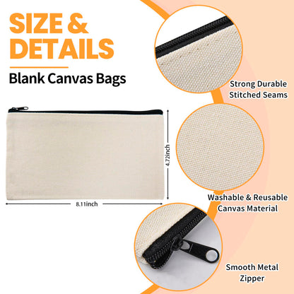 pabues 14 Pieces 8 x 4.7 Inch Blank Craft DIY Canvas Pen Pencil Case- Cotton Canvas Invoice Bill Bag Makeup Bags Cosmetic Bag Multipurpose Travel Toiletry Pouch with Black Zipper