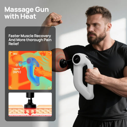 Massage Gun with Heat - Deep Tissue Percussion Massager for Pain Relief, 12mm Amplitude, 5 Speeds & 8 Attachments, Ideal for Muscle Recovery, Back Shoulder Leg - Gift for Athletes, Men, Women, White