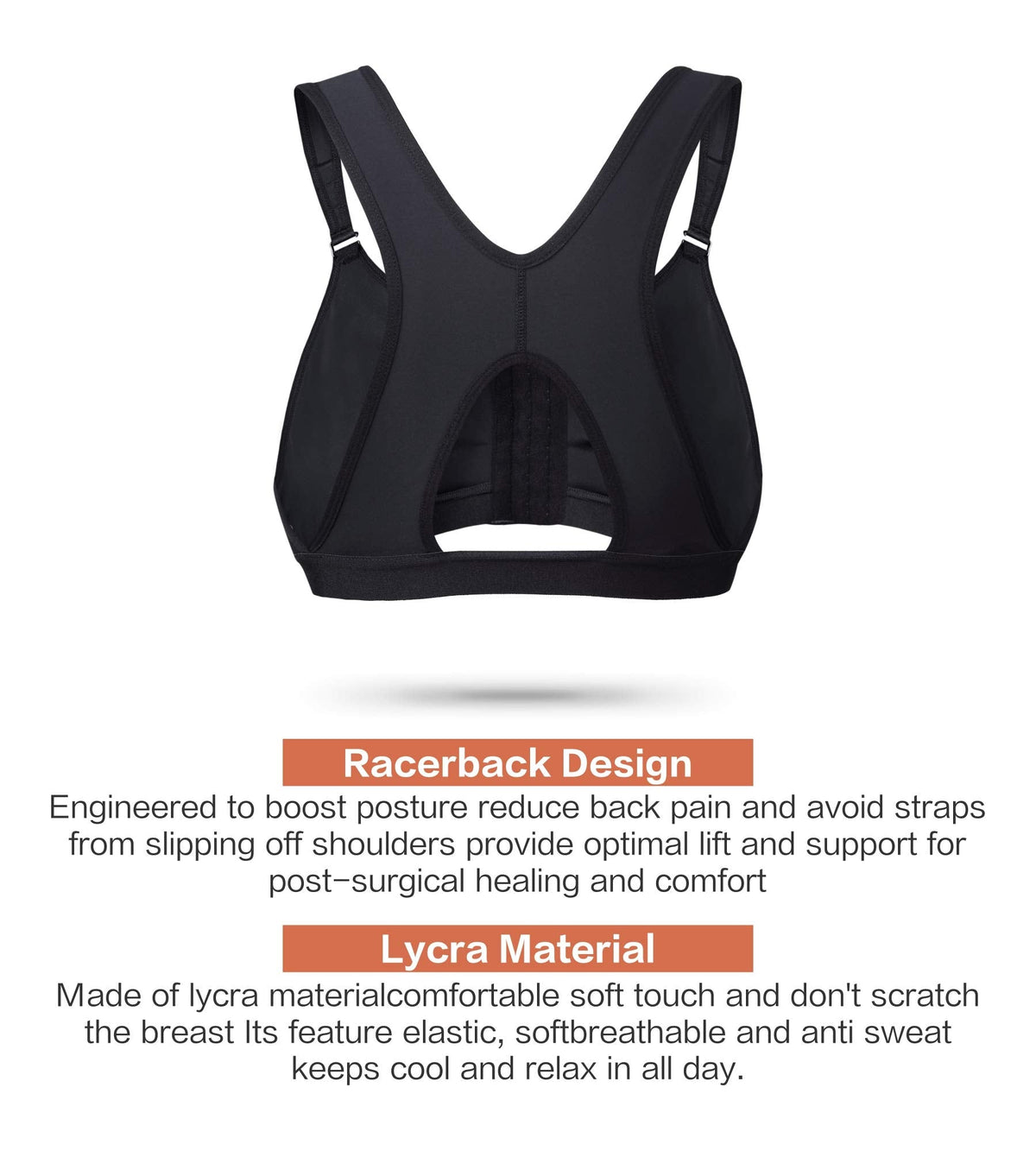 SHAPERX Women's Post-Surgical Front Closure Sports Bra Adjustable Wide Strap Racerback Support Bra,SZ83288-Black-L