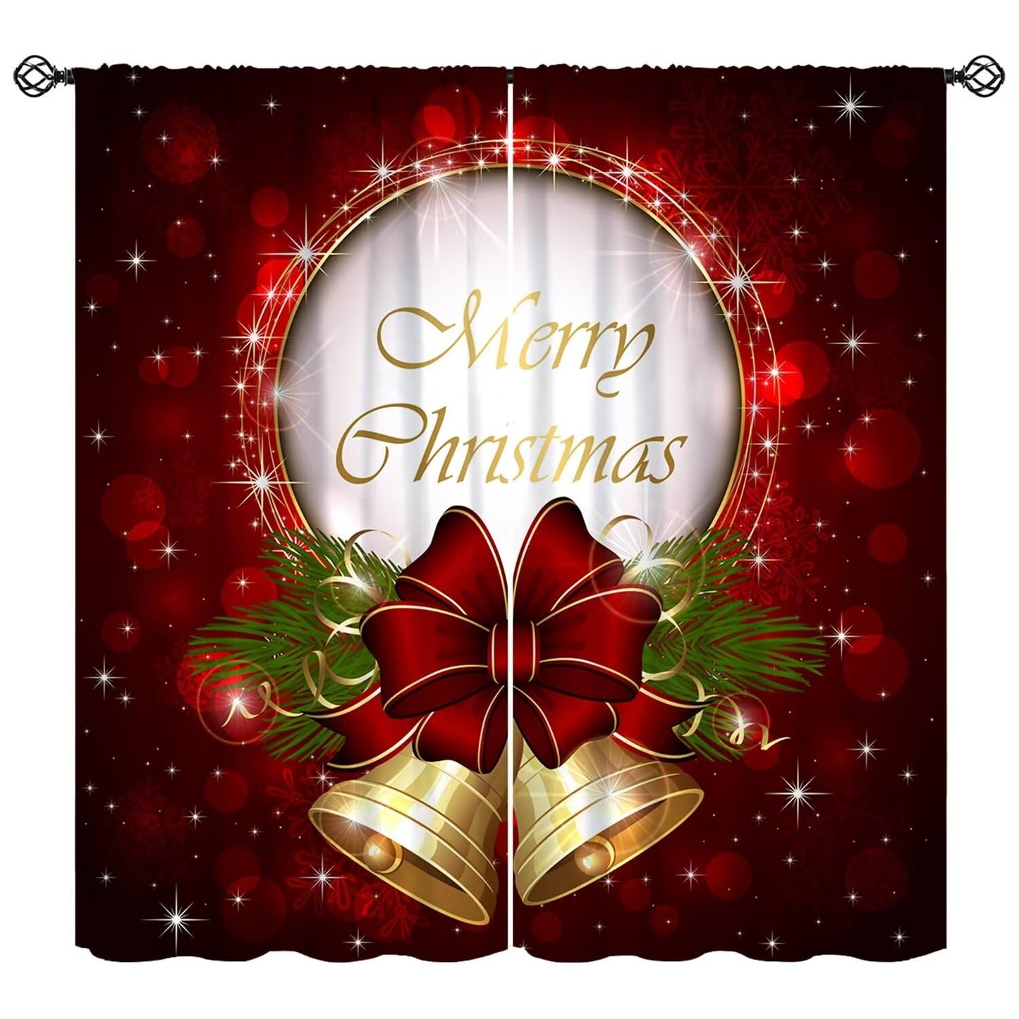 Merry Christmas Curtains Red Sparkling Dingdang Winter Christmas Holiday Bell Festivals Atmosphere Blackout Window Treatment for Happy Festival Living Room Bedroom Home Decor Window Drapes 52"W X 84"L