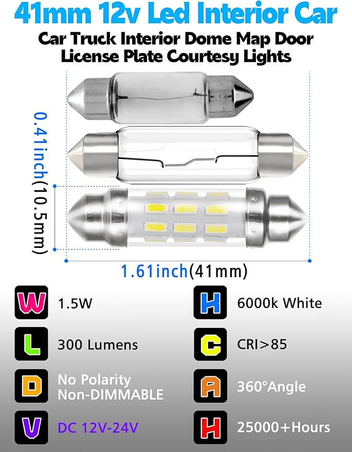 DC12V-24V 212-2 Led Bulb, 6000k White 578 211-2 41mm 42mm 1.65in Festoon LED Dome Light Bulbs, 300LM Super Bright 578 LED Blub for Car Truck Interior Dome Map Door License Plate Courtesy Lights 2pack