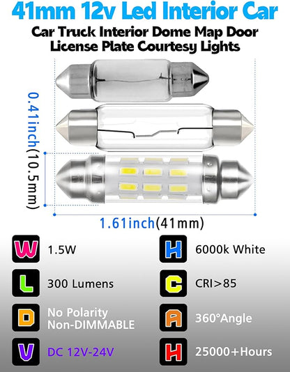 DC12V-24V 212-2 Led Bulb, 6000k White 578 211-2 41mm 42mm 1.65in Festoon LED Dome Light Bulbs, 300LM Super Bright 578 LED Blub for Car Truck Interior Dome Map Door License Plate Courtesy Lights 2pack