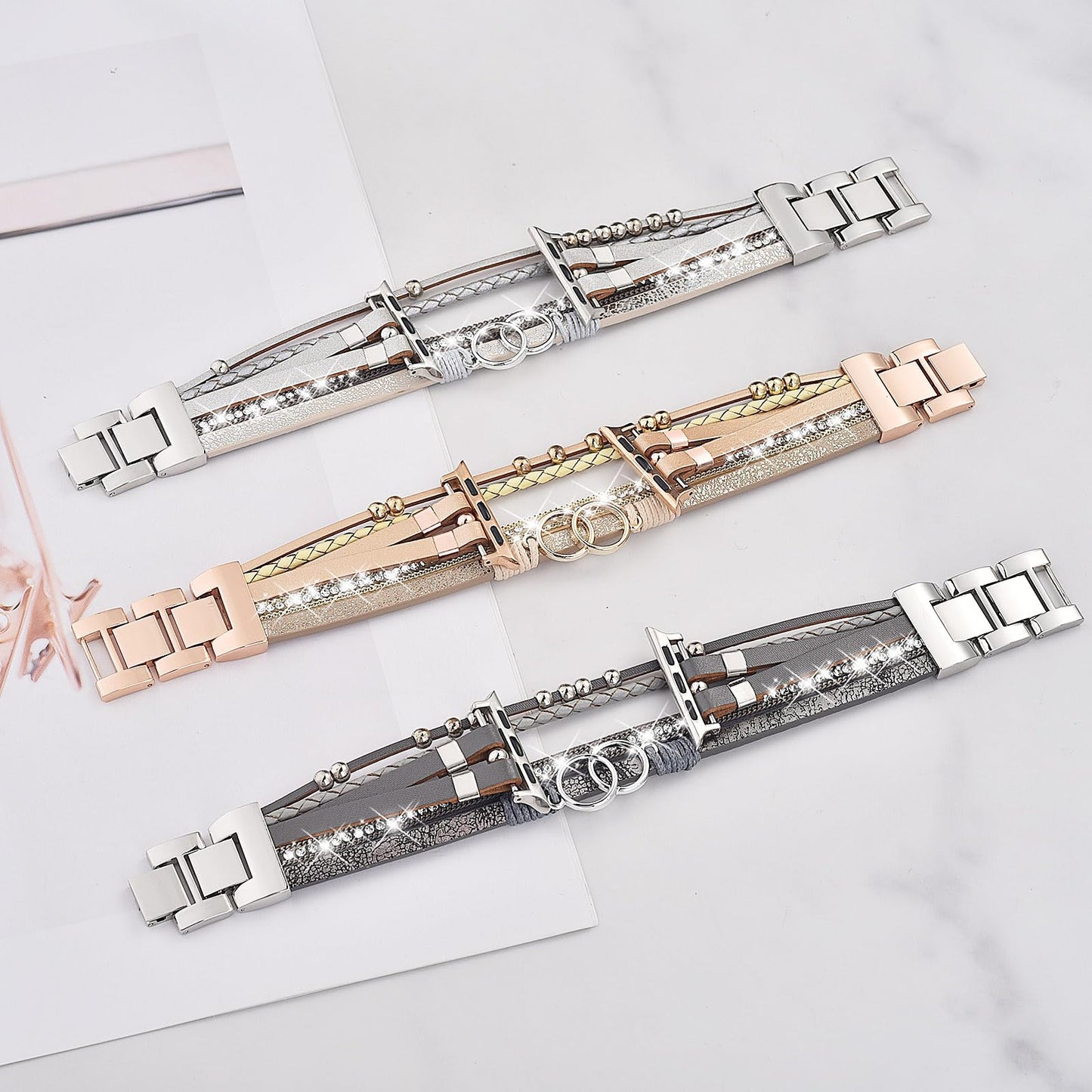 MOFREE Boho Leather Bracelet Compatible with Apple Watch Band 38mm 40mm 41mm Women, Handmade Multilayer Wrap Beaded Jewelry Apple Watch Strap for iWatch Series 10 9 8 7 6 5 4 3 2 1 Rose Gold