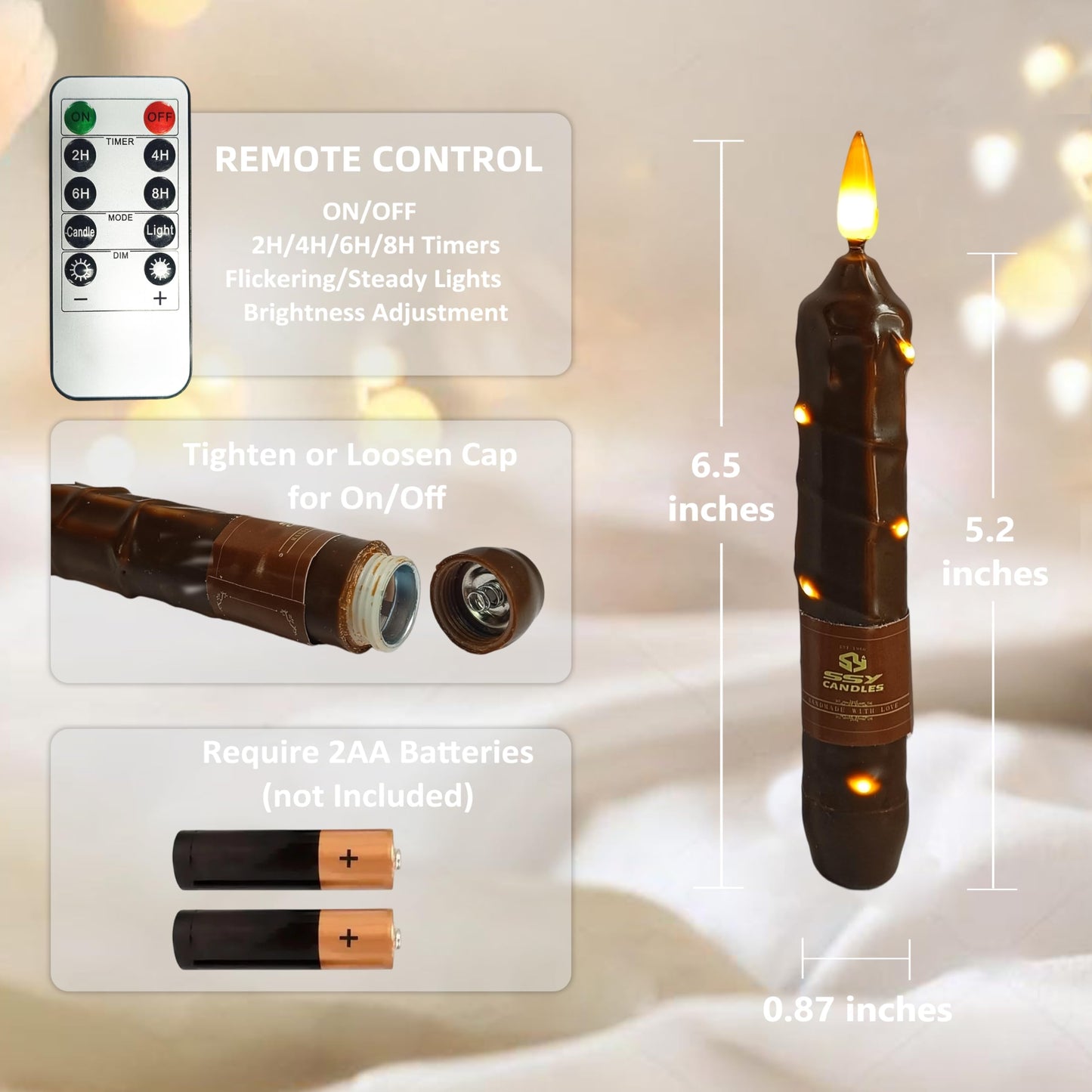 6.5 Inch Brown Flameless Taper Candles - 4 Pack Handmade Real Wax LED String Surface Candles with 10 Key Remote Timer Battery Operated LED Taper Candle for Thanksgiving Christmas Holiday Decor
