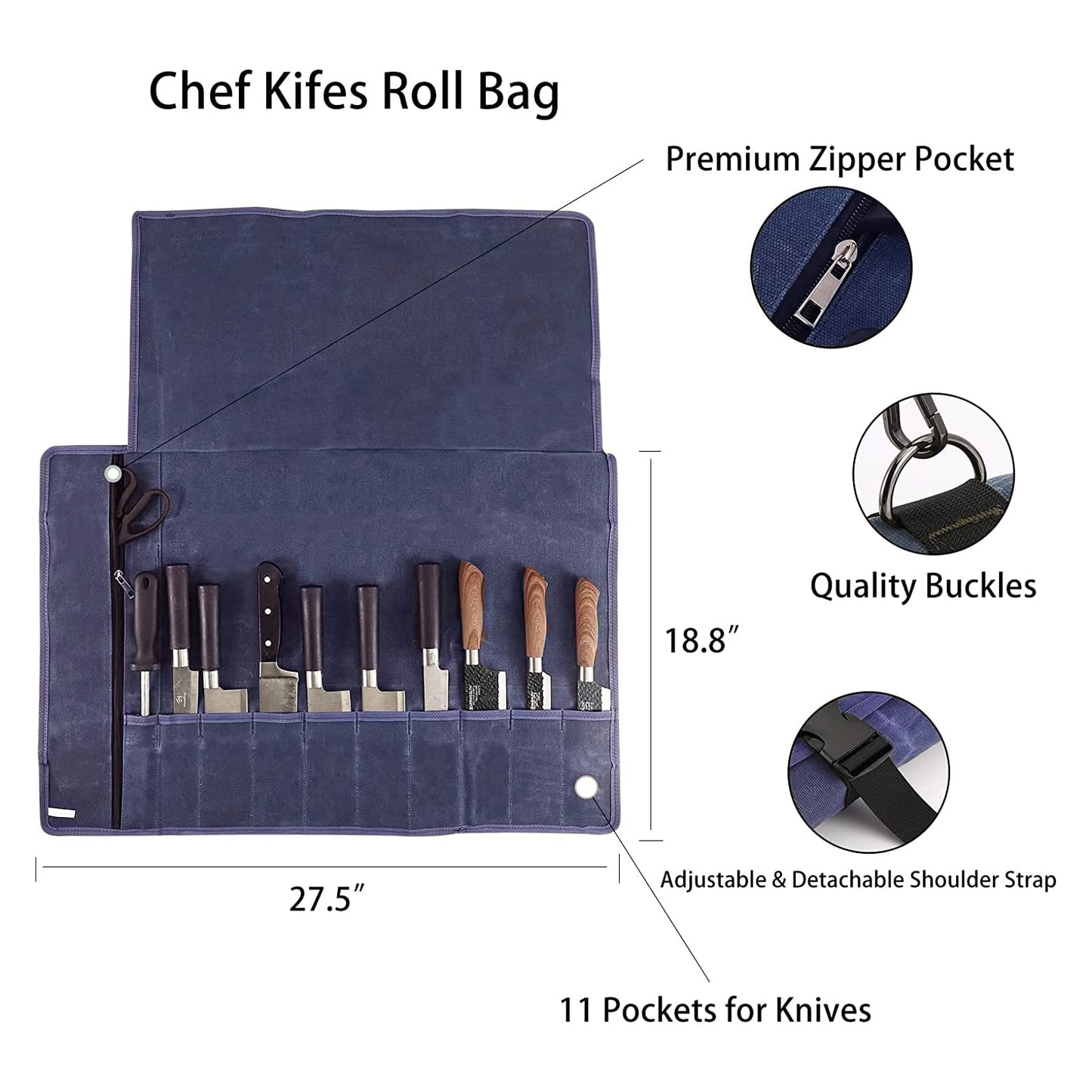 Chef’s Knife Roll Bag,Waxed Canvas Knife Cultery Carrier,Portable Chef Knife Cases,Knife Pouch Holders With 10 Slots Plus 1 Zipper Pockets Can Hold Home Kitchen Knife Tools Up To 18.8”