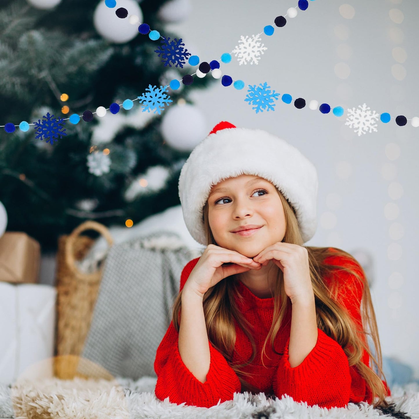 AnyDesign 8.2Ft Winter Snowflake Felt Ball Garland Cute Dark Blue Sky Blue White Pom Ball Banner Christmas Hanging Bunting Garland for Xmas Holiday Home Mantel Wall Decor Party Supplies