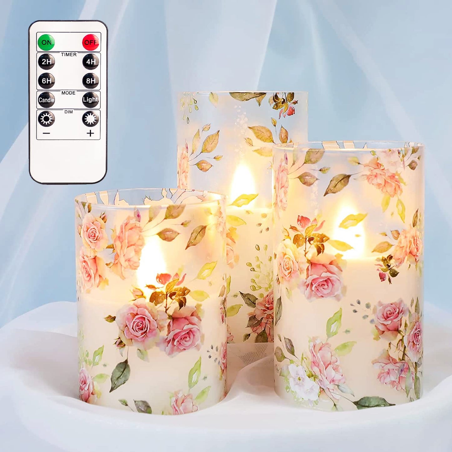 GORGE MOMENT Rose Flameless Candles Love Theme Battery Operated Glass Flickering LED Candle with Remote Pink Flower Decal Realistic Pillar Candles Bedroom Home Decor Table Ornament