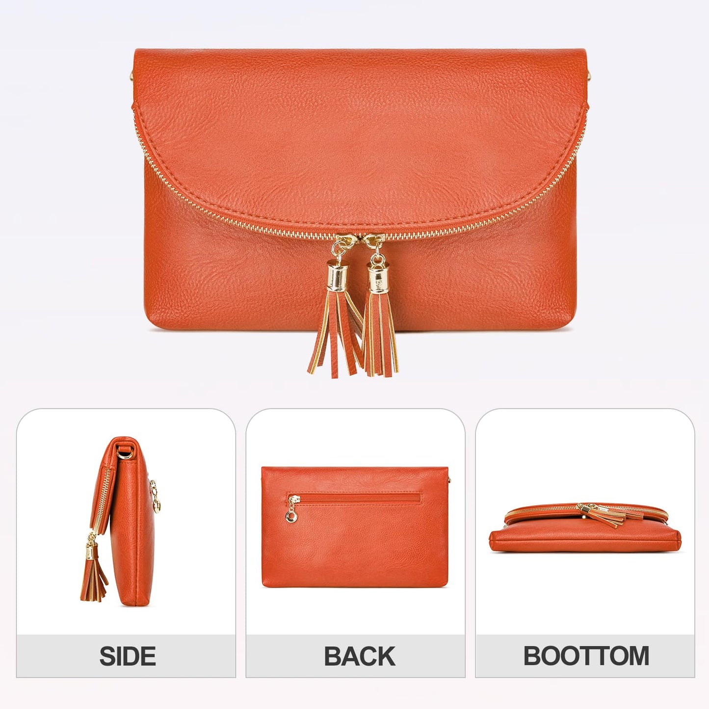 Solene Womens Envelop Clutch Purse Multi Compartments, 6 Card Slot Inside, Crossbody Bag With Tassels (WU075-Burnt Orange)