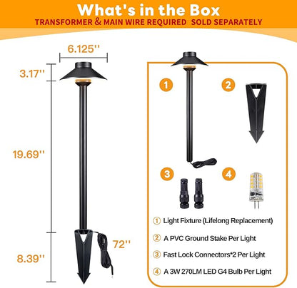 Gardenreet Outdoor Brass Pathway Lights, Low Voltage Landscape Path Lighting Wired, 12v Walkway Light LED Waterproof, Black for Outside Garden Yard with 3W 270LM 3000K Soft White G4 Bulb (4 Pack)