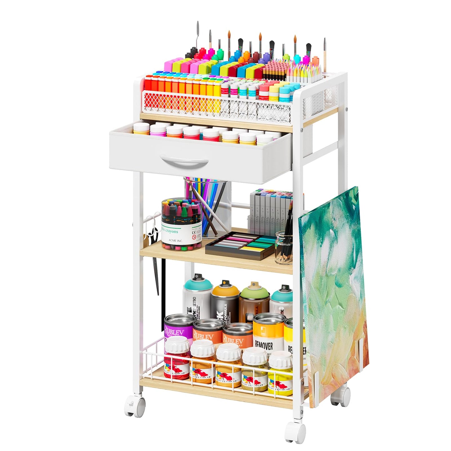 Homsorout 3 Tier Rolling Cart - Metal Utility Cart with Storage Drawer and Wheels, Versatile Art & Craft Organizer for Home, Office, or Studio Ideal for Storing Brushes, Paints, and Supplies White