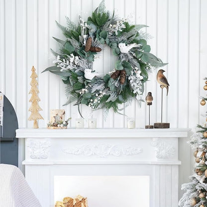 Winter Wreaths for Front Door Outside- 24 Inch Outdoor Christmas Wreath with White Owl,Pine Cones,Cedar and White Berries,Artificial Snowy Winter Decorations for Home Farmhouse Door Decor