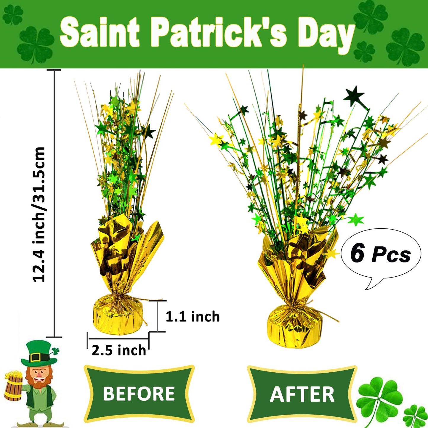 FUBININA 6 Pc St. Patrick's Day Party Decoration Metallic Foil Spray Centerpieces Star Burst Tabletop Decor for Irish St Patty's Day Jungle Animal Birthday Holiday Graduation Hawaiian Party Green Gold