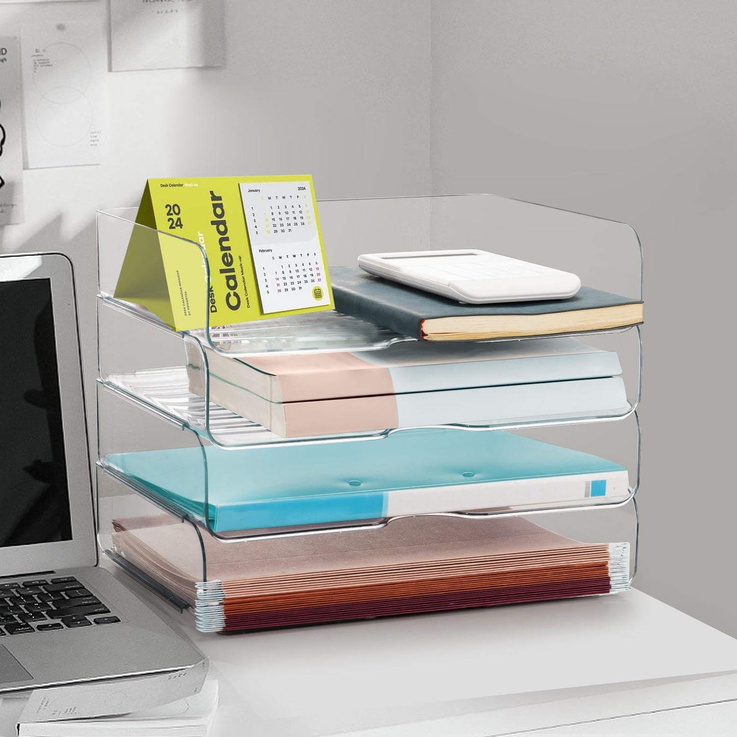 Desk Organizer and Storage,4-Tier Paper Letter Tray Organizers,Stackable Clear Desktop Organizer for Documents,Book Magazine Storage,Office Supplies, (Clear,4 Pack)