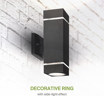 ASD 2 Light Square Outdoor Wall Light Fixture | 120W E26 Bulb Socket 120V ETL Cylinder Up Down Lights | LED/CFL/Incandescent Bulb Exterior Wall Sconce | Front Door, Porch Patio | Ringed Black