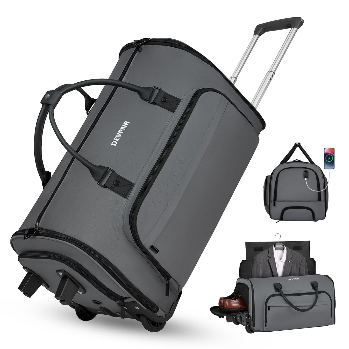 DEVPNR Rolling Garment Bags for Travel, 59L Rolling Duffle Bag with Wheels and Shoe Compartment for Men and Women, 3 in 1 Carry on Convertible Travel Garment Bag with Wheels, Gray