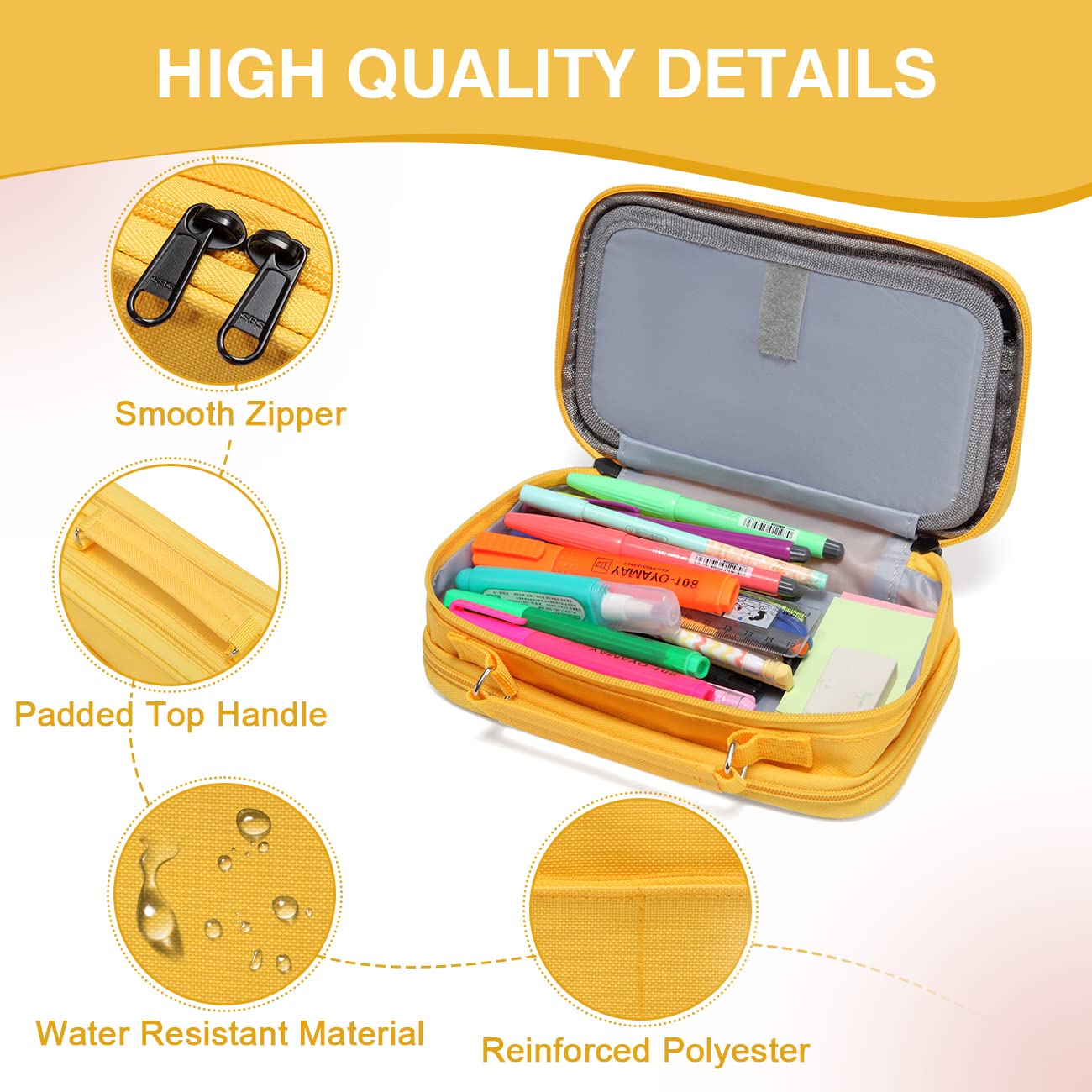 VASCHY Pencil Case, Large Pencil Pouch with Compartments for Middle School,Work,Office Pen Organizer Holder School Supply Yellow