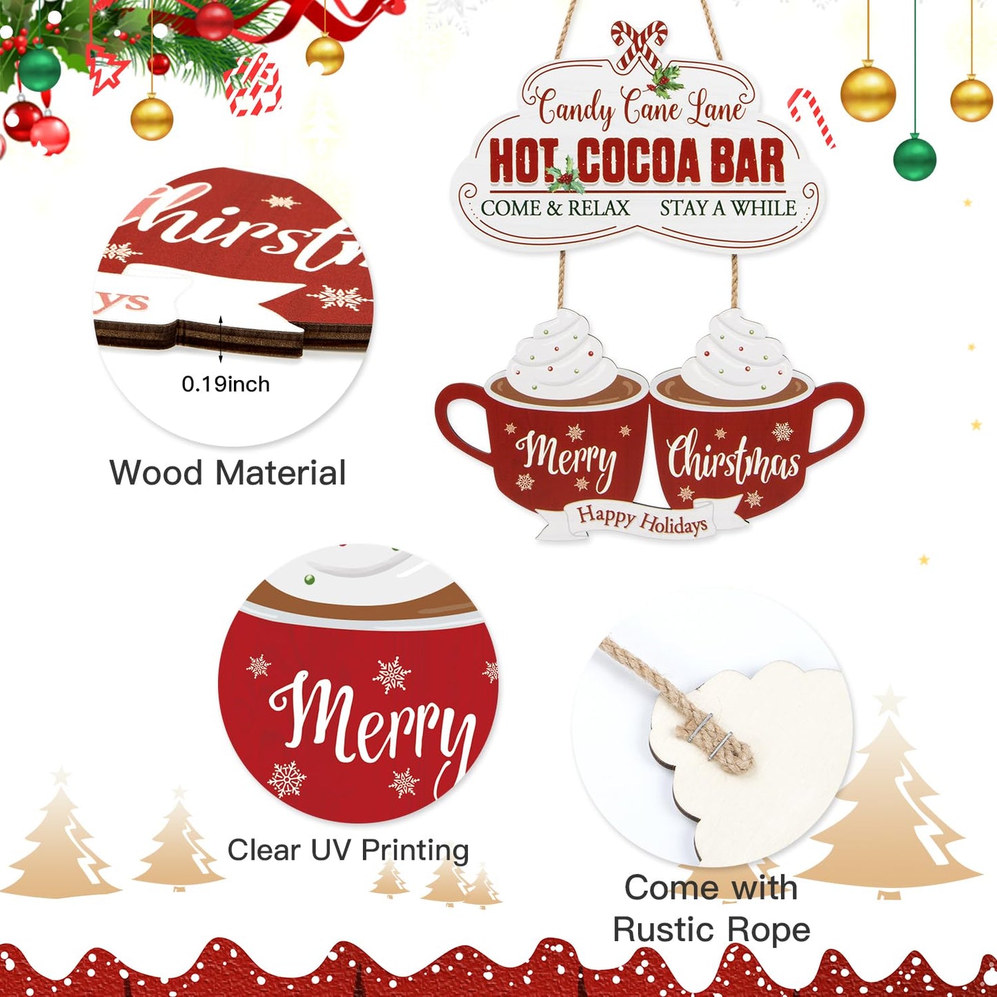 IARTTOP Christmas Hot Cocoa Wooden Hanging Sign for Living Room Decor Candy Come&Relax Plaque Sign Christmas Wreath Welcome Sign Christmas Wall Decor Merry Christmas for Happy Holiday Party Decoration
