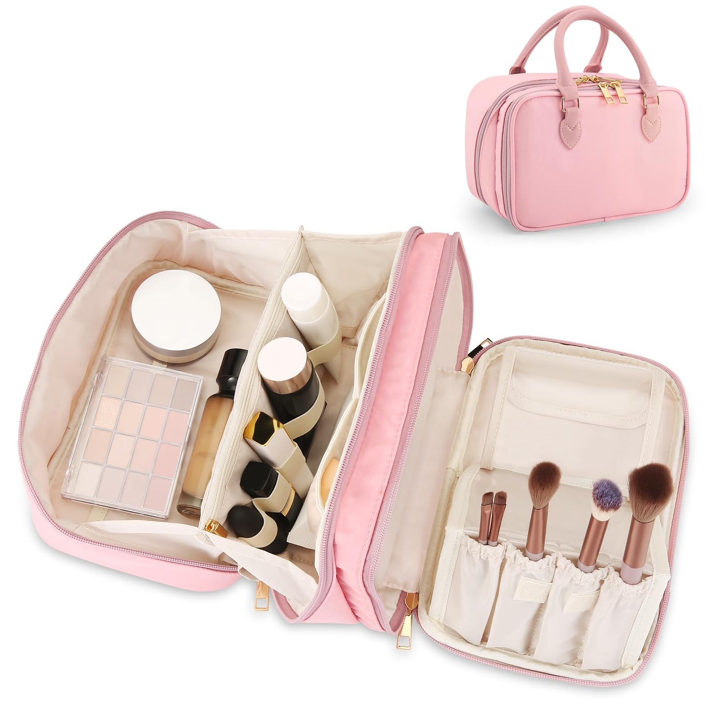 Travel Makeup Bag for Women Fashion Large Capacity Pouch Open Flat Cosmetic Portable Organizer Waterproof Large Opening Storage Toiletry Bags Vertical Free-Standing Brush Holder for Easy Access Pink