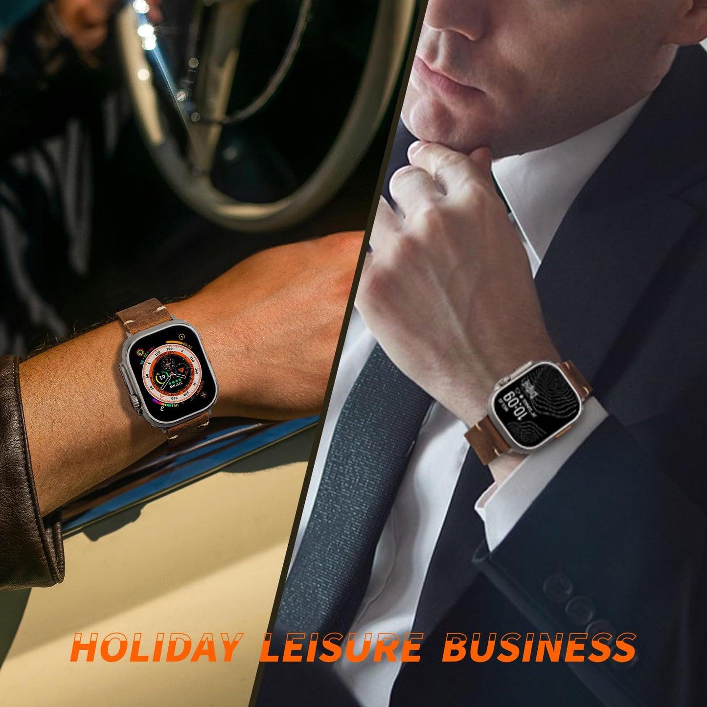 Handmade Double Sided Leather Bands Compatible with Apple Watch Ultra 2/Ultra Band 49mm 46mm 45mm 44mm 42mm ，Men Retro Design Grain Genuine Leather Band For iWatch Series SE 10 9 8 7 6 5 4 3 2 1