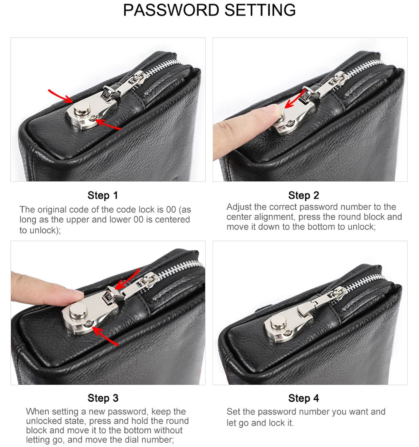 Top Grain Genuine Leather Handbag Wallet for Man & Woman, Handmade Retro Design, Combination Lock & Retractable Hand Strap & Multi Pockets/Slots, Portable RFID for Cards/Checks/Phone/Banknote, Black