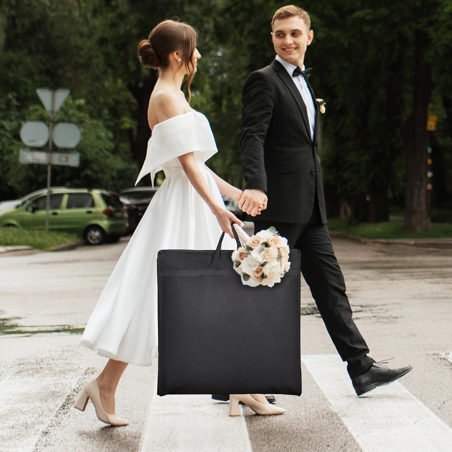 Univivi Wedding Dress Travel Bag for Airplane, Extra Long Wedding Gown Garment Bag with Accessory Pockets, 72 Inch Trifold Heavy Duty Dress Bags for Gowns for Travel and Closet Storage (Black)