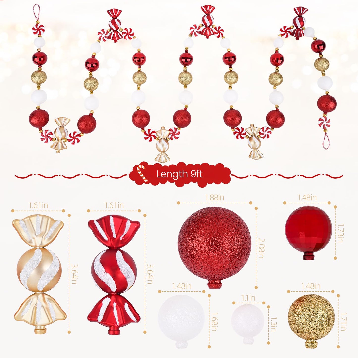 Candy Garland Christmas Decorations 9FT, Red White Gold Candy Bead Garland for Christmas Tree, Mantle, Party, and Holiday Decor