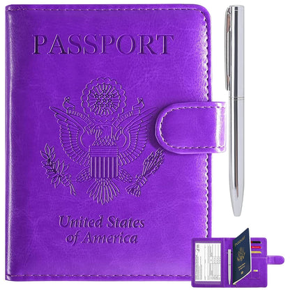 RSAquar Unisex Faux Leather Passport and Vaccine Card Holder Combo, Purple, Slim and Lightweight with RFID Blocking Technology