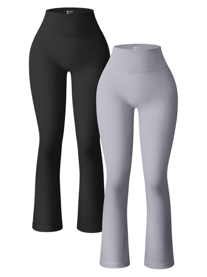 OQQ Women's 2 Piece Yoga Pants Ribbed Seamless Workout High Waist Bell Bottoms Flare Leggings