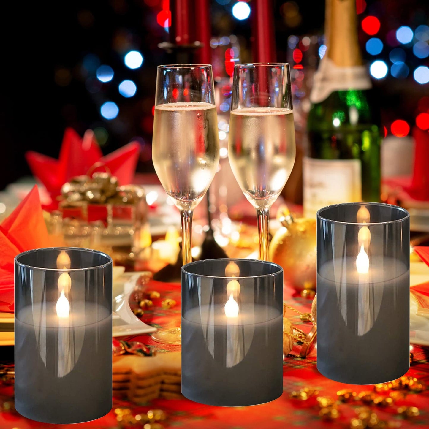 HIYAA LED Flameless Candles, Gray Glass Battery Operated Candles Flickering with Remote, 3D Wick Realistic Warm Light LED Candles Flickering with Timer for Wedding Party Christmas Decoration