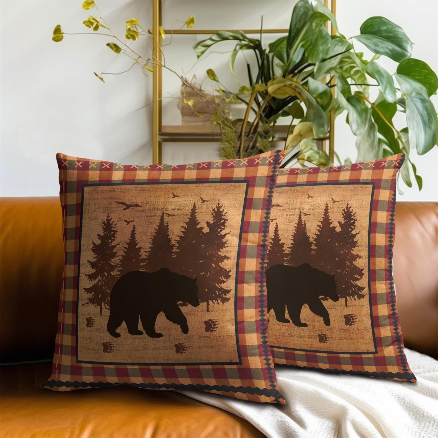 Imiss Bear Throw Pillow Covers 18x18 Inch Set of 2 Forest Cabin Nature Wildlife Square Pillowcase Buffalo Plaid Decorative Cushion Cover for Outdoor Sofa Bedroom Car