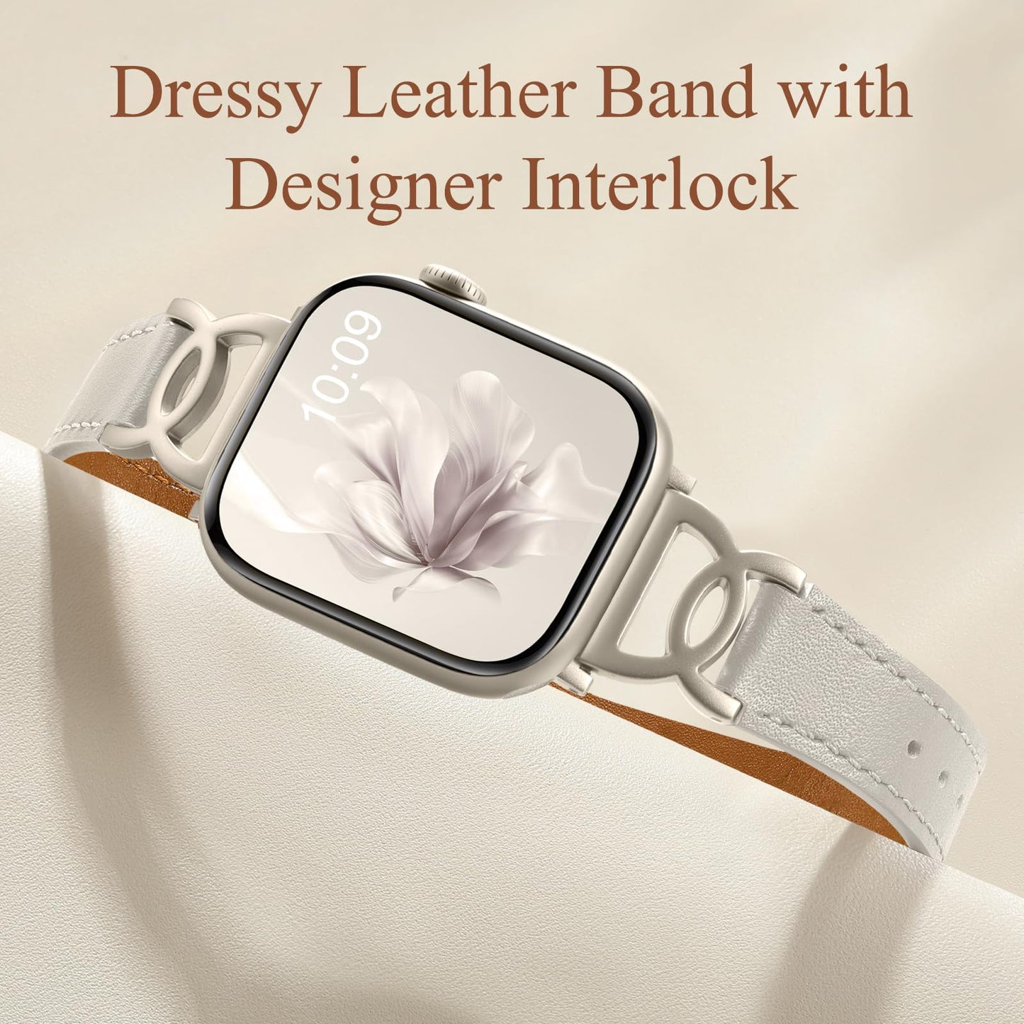 DaQin Slim Leather Band Compatible with Apple Watch Band for Women 40mm 38mm 41mm 42mm, Dressy Leather Strap with Designer DC-shaped Buckle for iWatch Bands Series 11 10 9 8 7 6 5 4 3 2 1 SE,Starlight