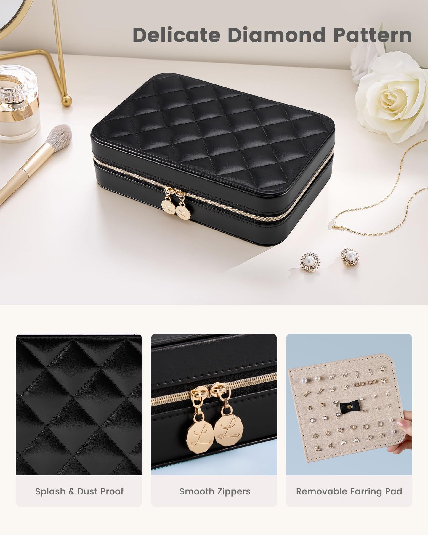 Lolalet Travel Jewelry Case for Women Girls, PU Leather Jewelry Organizer with Clear Storage Bag Small Portable Jewelry Box for Necklace Bracelet Earring Ring Birthday Bridesmaid Gifts -Large/Black