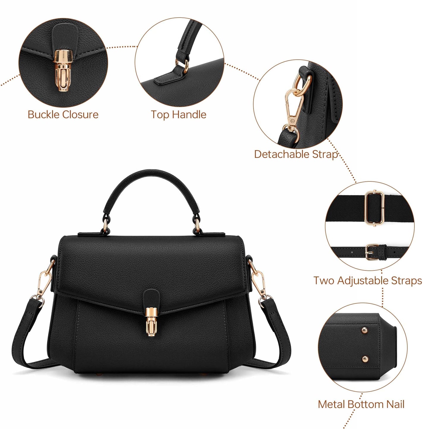 Goinsound Vegan Leather Crossbody Bag for Women Top Handle Purse Flap Shoulder Bag for Women Trendy Handbag with 2 Removable Straps Black