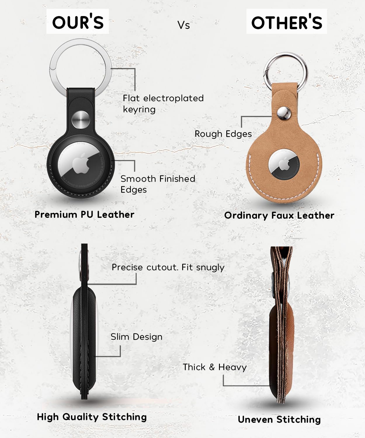 PU Leather AirTag Keyring Holder Compatible with Apple AirTag Keychain Leather. Anti Lost Snug Fit Key Ring for Pet Collar Luggage Bag Travel. Scratch Resistant Protective Air Tag Case Cover (2 Pack)