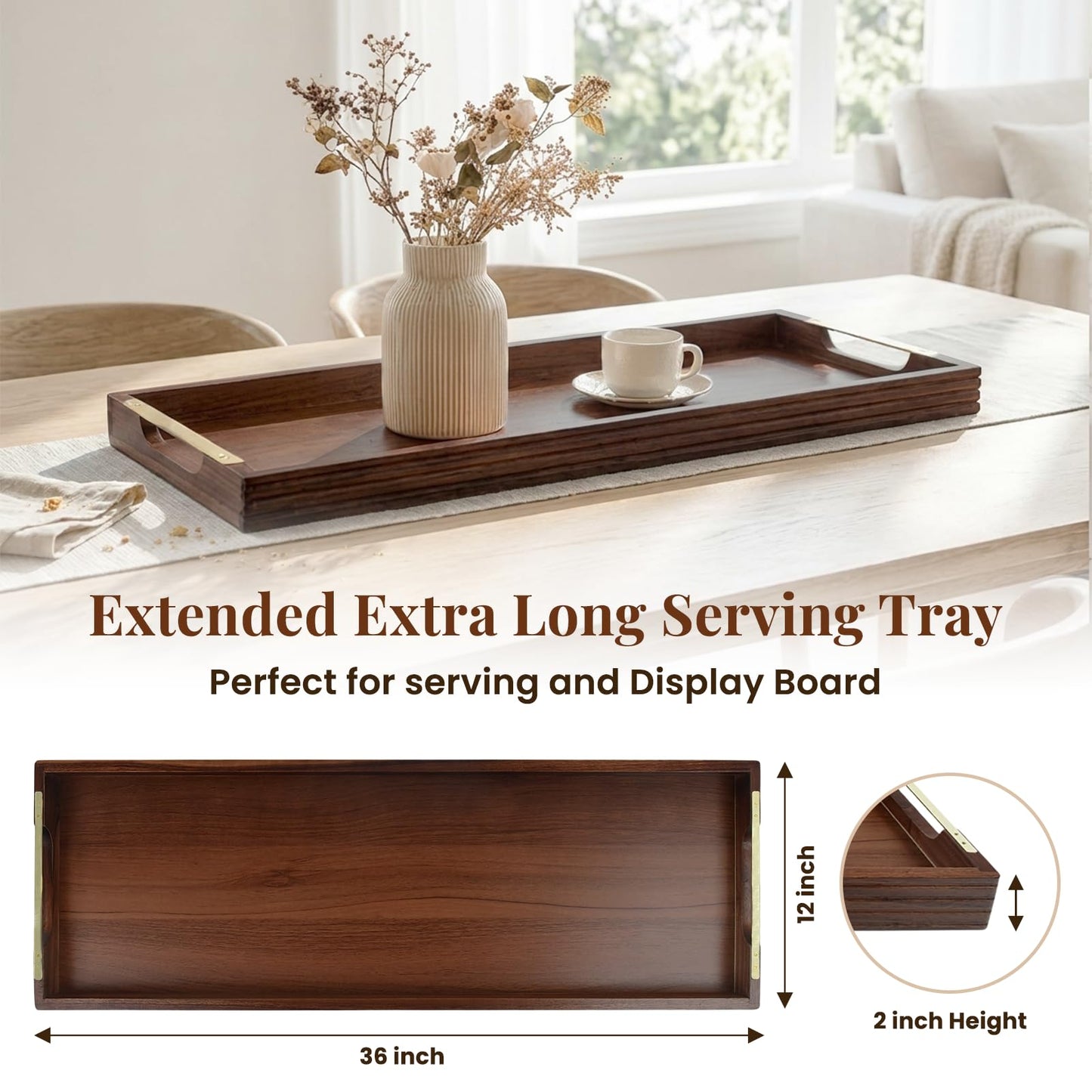 36" Acacia Wooden Charcuterie Board with Handles, Extra Long Cheese & Serving Tray for Party Appetizers, Bread, Meat & Fruit Display, Natural Wood Kitchen Platter for Entertaining