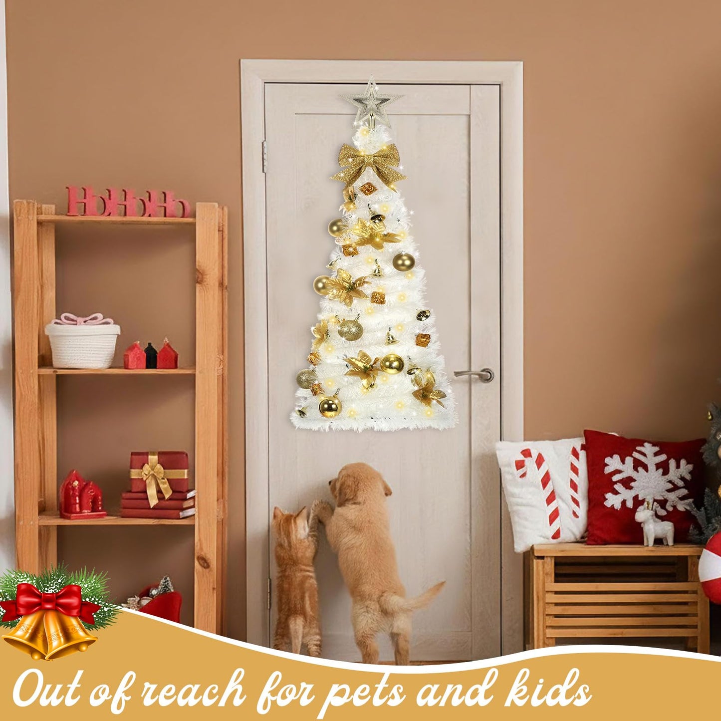 Suncalla Wall Christmas Tree with Lights 40inch, Artificial Wall Hanging Xmas Decoration with 50 LED String Lights, Saving-Space Door Hanging Xmas Tree Small Space Home School Office(Platinum)
