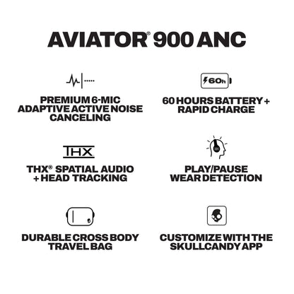 Skullcandy Aviator 900 ANC Wireless Over-Ear Bluetooth Headphones, THX Spatial Audio with Head Tracking, Adaptive Noise Cancelling, Up to 60 Hours Battery, Microphone for iPhone Android - True Black